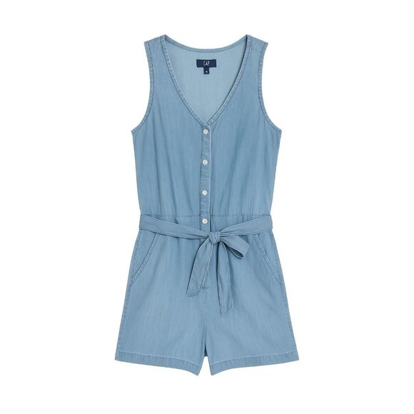 GAP Sleeveless V-Neck Button-Front Cotton Denim Tie Waist Romper - Size 2 - Picture 1 of 8